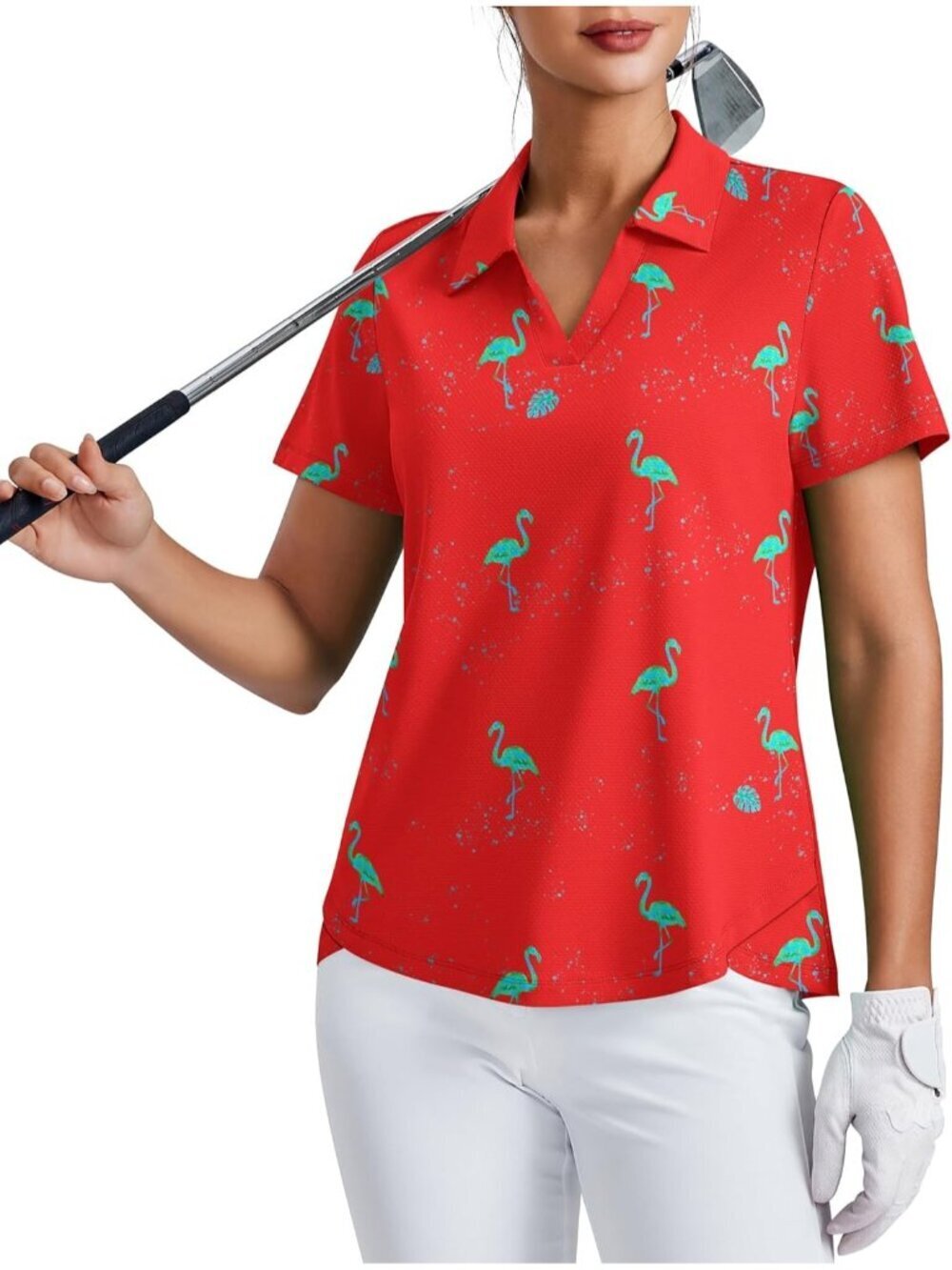 Womens Flamingo Red  Golf Shirt UPF50+ Short Sleeve V-Neck Tennis Collared Tops